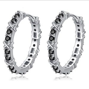 Black Awn Classic Silver Color Round Black Trendy Spinel  Hoop Earrings